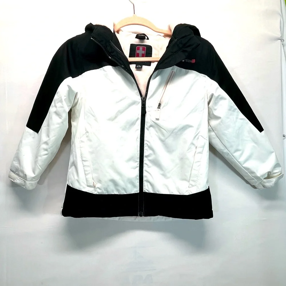SWISS TECH GIRLS COAT WITH HOOD SZ S 6-6X BLACK/WHITE PINK FLEECE‎ LINING